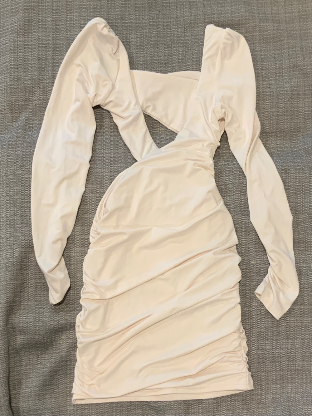Long Sleeve Cutout Ruched Mini Dress in Light Beige